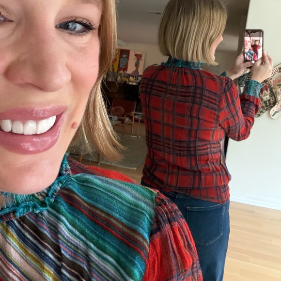 Blank London Size Small Multicolor Plaid Red Blue Mock Neck Women's Blouse Top - Picture 9 of 12